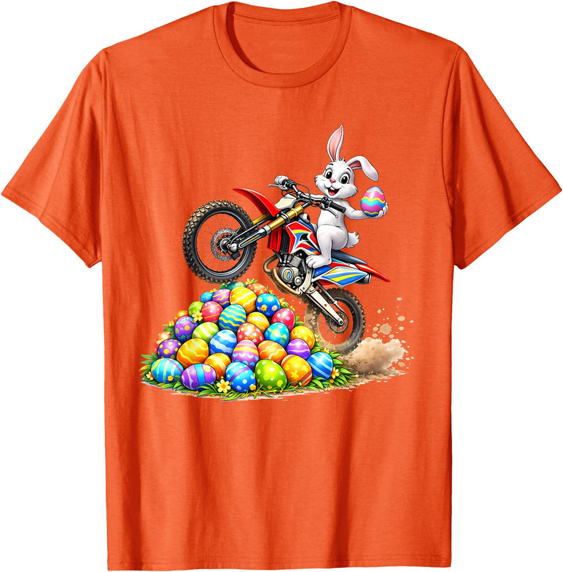 Cool Easter Bunny Dirt Bike Rider Funny Motocross Rabbit T-Shirt in Orange