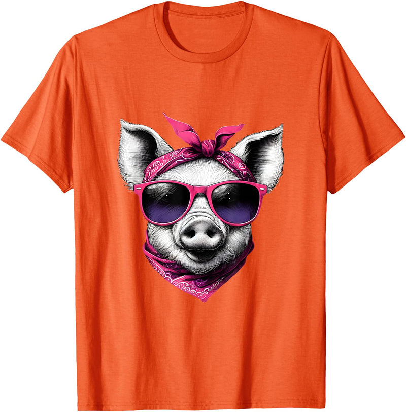 Fashionable Animals Wearing Pink Bandanas Pig Wearing A Pink Bandana Headband And Sunglasses T-Shirt - Orange