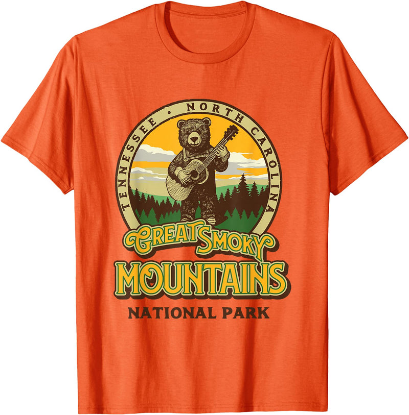 The Thrift Garage Great Smoky Mountains National Park Guitar Bear Cute Smokies T-Shirt - Orange