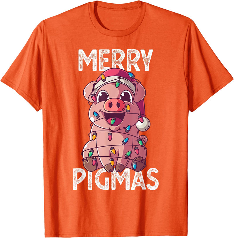 The Weird Shop Merry Pigmas Pig Christmas Santa Pig Xmas Lights Farmer Gift T-Shirt - Orange