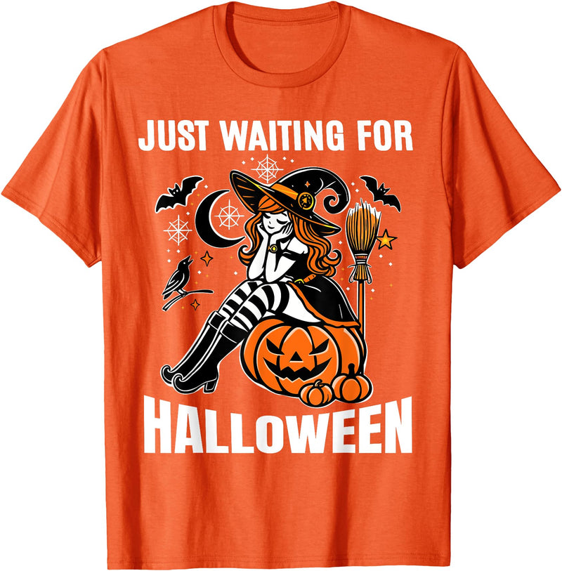 Boo Trick R Treat Halloween Costumes Kids Women Just Waiting on Halloween Witch Halloween Decorations Spooky T-Shirt - Orange