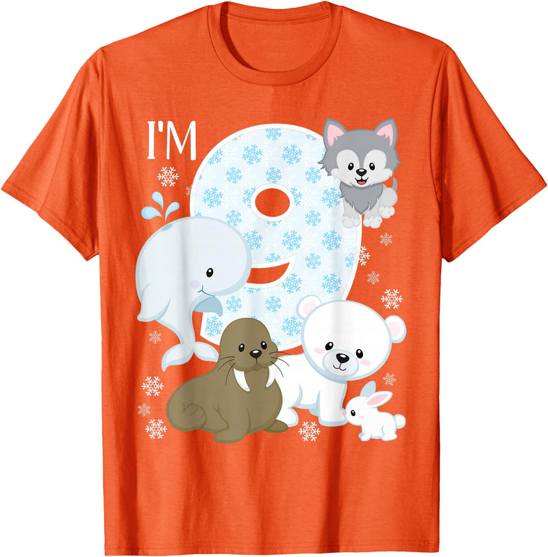 Arctic Animals Birthday Party Family Matching Bday Arctic Animals 9th Birthday Polar Bear Walrus Fox Sea Theme T-Shirt - Orange
