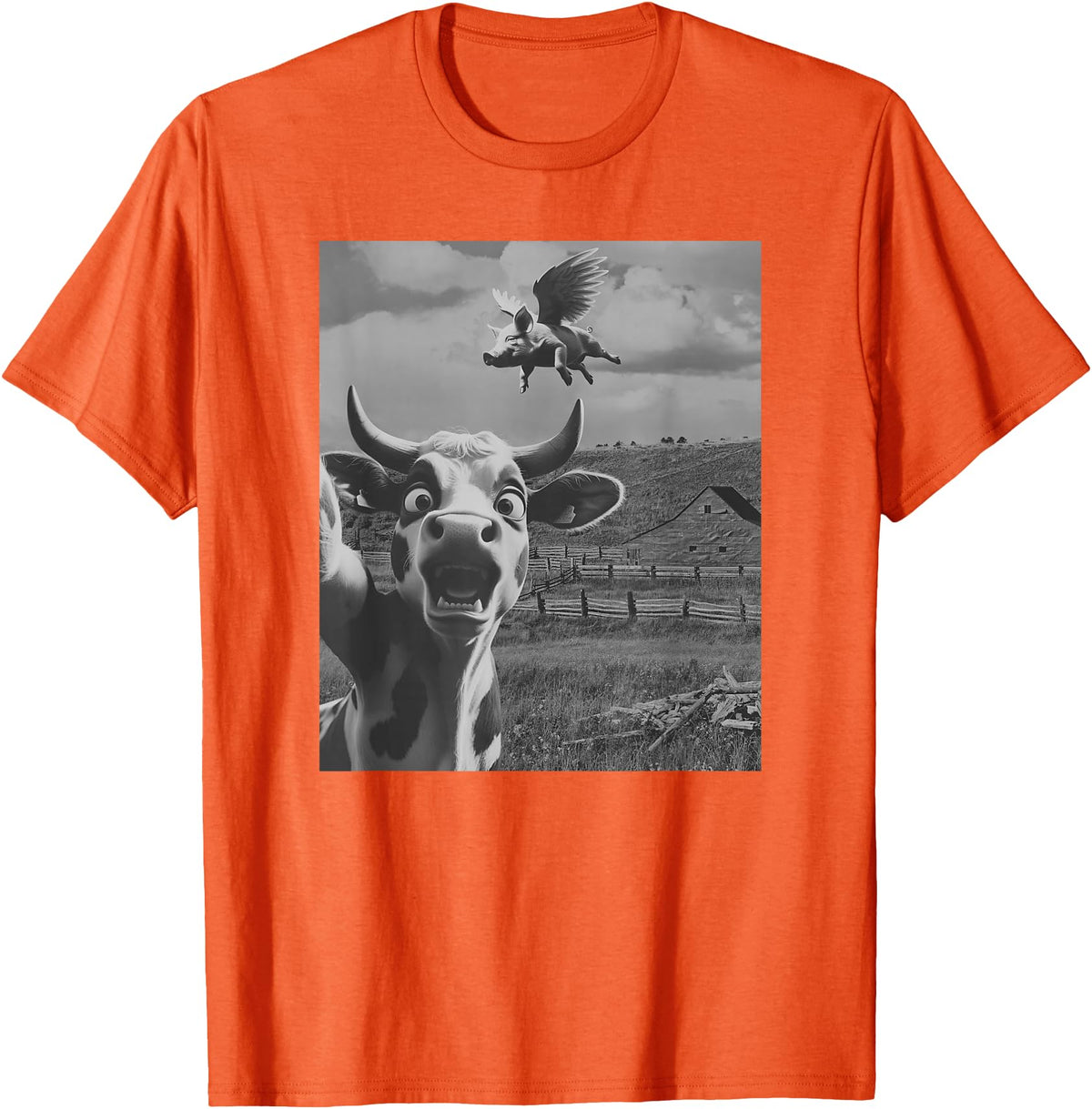 When Pigs Fly Pig Lover Designs Apparel Gifts Cow Selfie With Flying Pigs Fly Funny Gift for Men Women Kid T-Shirt - Orange