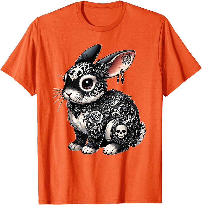 Gothic Filigree Rabbit with Skulls T-Shirt in Orange