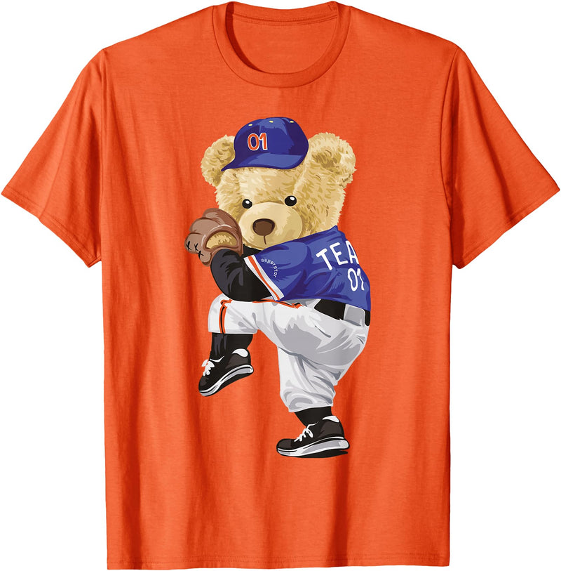 BERSLL Cute Teddy Bear Baseball Jug Sweatshirt T-Shirt - Orange