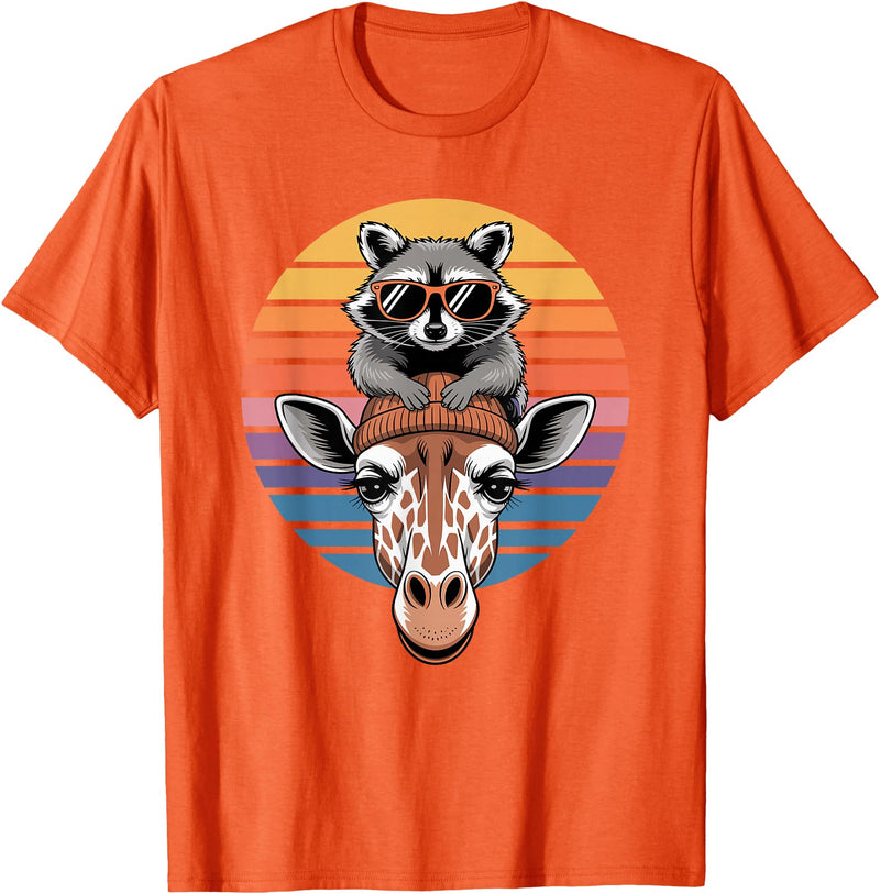 Giraffes Gift For A Giraffe Lover Retro Sunset Giraffe Raccoon Giraffes T-Shirt - Orange