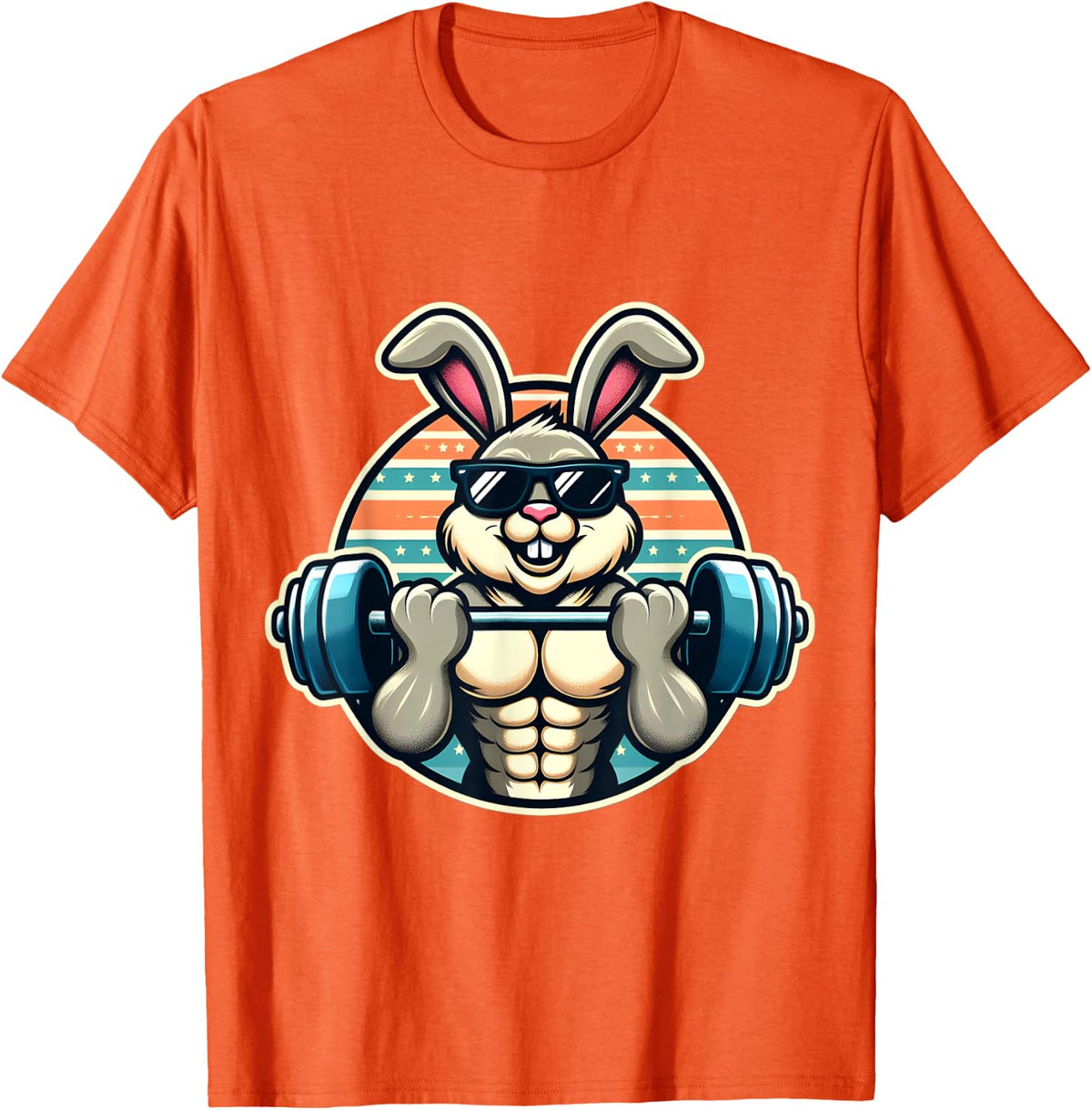 Happy Easter Bunny Rabbit Lifting Weights Training Muscular T-Shirt - Orange