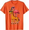 Funny Flamingo Riding Giraffe Cute Animals Funny Flamingo and Giraffe Cool Animals Friends T-Shirt - Orange