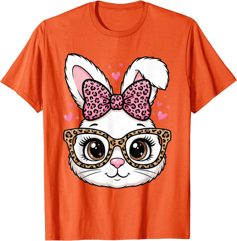 Cute Easter Rabbit Face Leopard Bow Sunglasses Bunny Girls T-Shirt in Orange