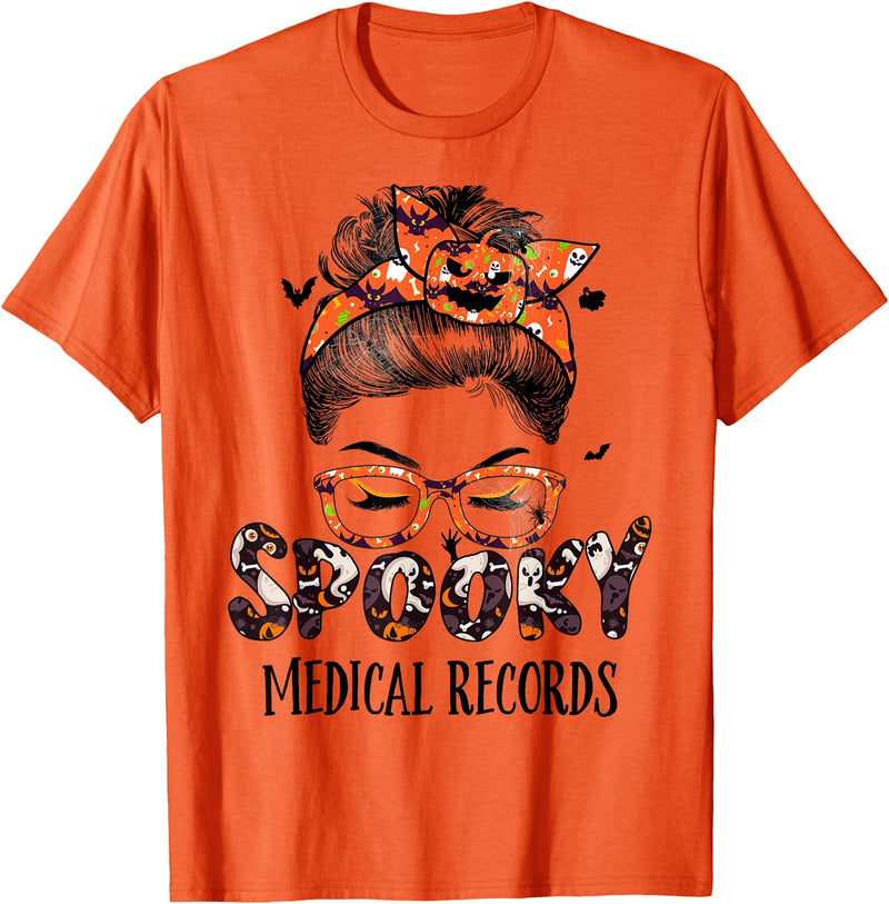 TeeaxArt Spooky Halloween Gifts Messy Bun Spooky Medical Records Pumpkin Halloween Bat T-Shirt - Orange