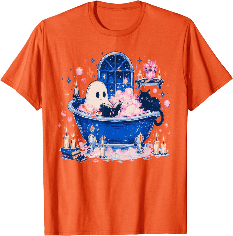 Bookworm Librarian Spooky Season Spooky Ghost Reading Book Bookish Teacher Preppy Halloween T-Shirt - Orange