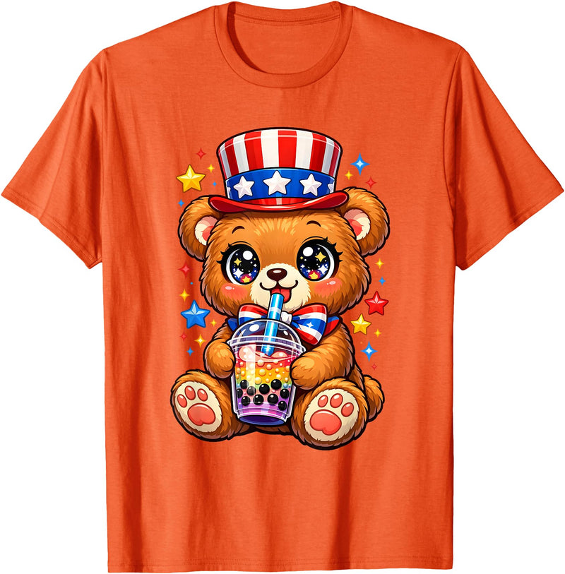 Kawaii Red White and Blue Fourth July Little Kids Cute Teddy Bear Patriotic 4th July Gift Bubble Boba Tea USA T-Shirt - Orange