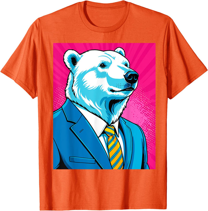 Pop Art Graphic Designs Co. Pop Art Polar Bear in Business Suit T-Shirt - Orange