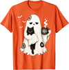Halloween Cute Ghost Holding Black Cat Spooky Ghost Holding Black Cat Coffee Lover Funny Halloween T-Shirt - Orange