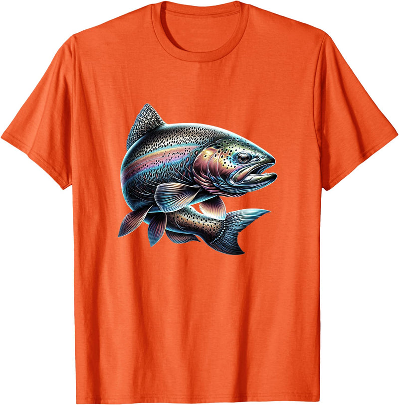 Steelhead Fishing - Unisex Adults & Kids Fishing T-Shirt - Black - Small - Short Sleeve - Cotton & Polyester - Modern Fish Graphic - Crew Neck - Regular Fit - Pull On - Imported - Orange