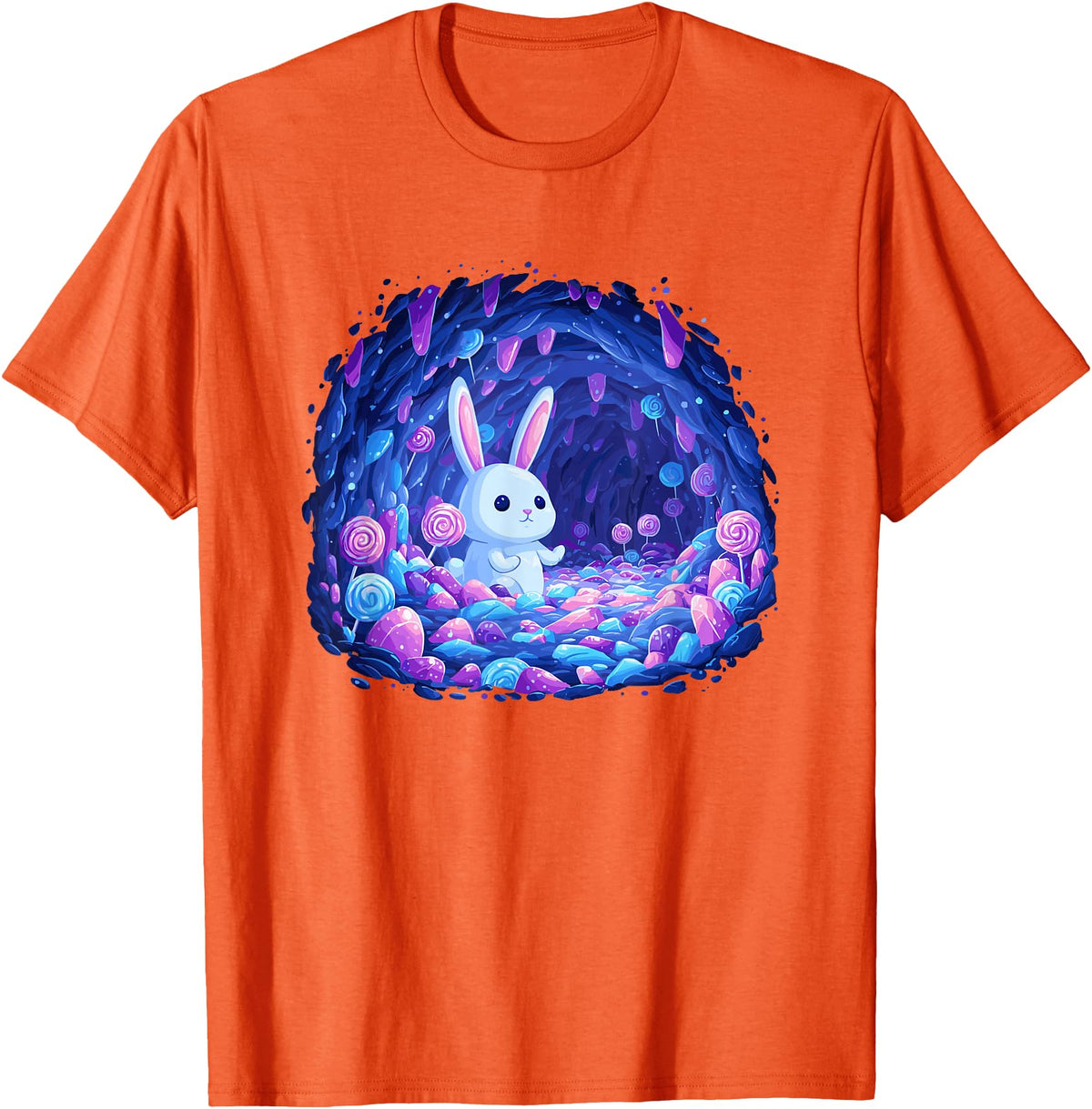Enchanting Bunny in Candy Cave Fantasy World T-Shirt in Orange