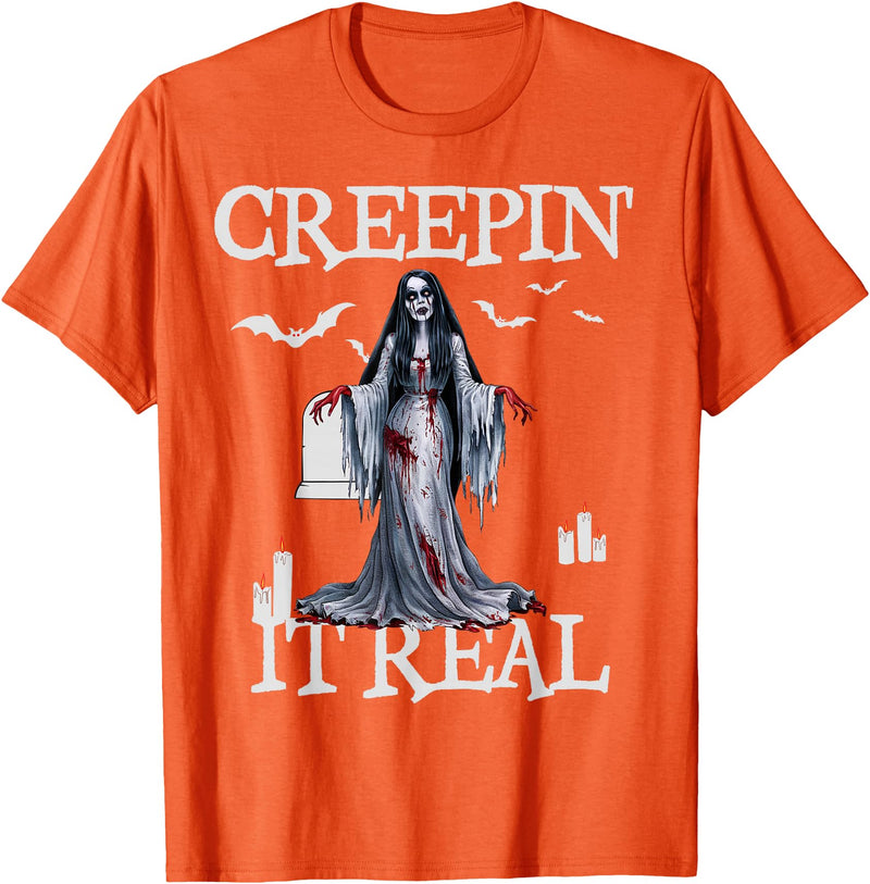 Horror Zombie Girl Halloween Pin Up Costumes Creeping It Real Zombie Lazy Halloween Costume Pinup Girl T-Shirt - Orange
