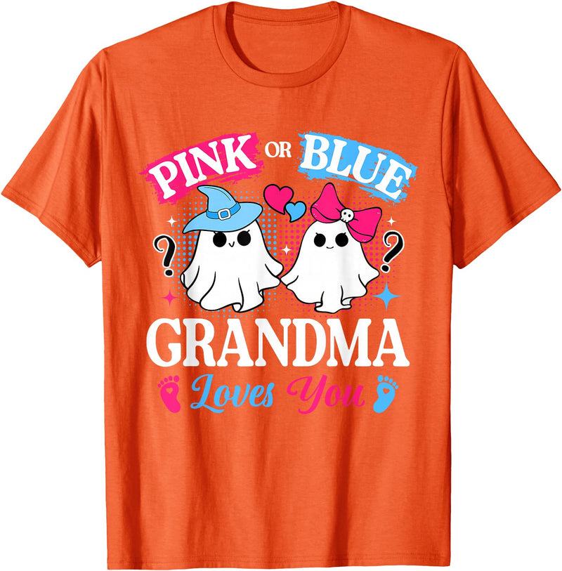 Halloween Ghost Baby Gender Reveal Family Matching Pink or Blue Grandma Loves You Gender Reveal Halloween T-Shirt - Orange