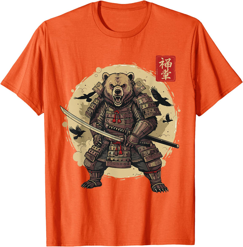 Anime Shirts For Men Women Kids Gifts Samurai Bear Shirt Warrior Vintage Graphic Japanese Men T-Shirt - Orange
