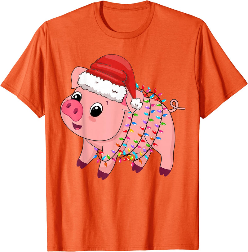 Pig Christmas Gifts Men Women Kids Co. Christmas Lights Pig Wearing Xmas Hat - Pig Lover Farmer T-Shirt - Orange