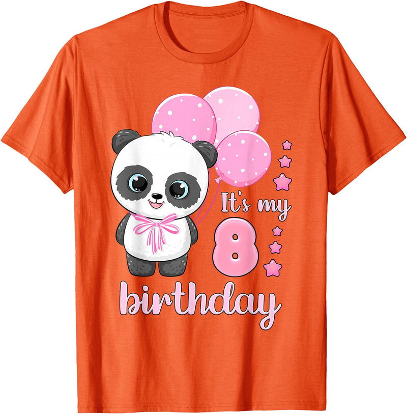 Birthday Gifts for Girls by Content Design Studio Birthday Girl 8 Panda Pink Balloons T-Shirt - Orange
