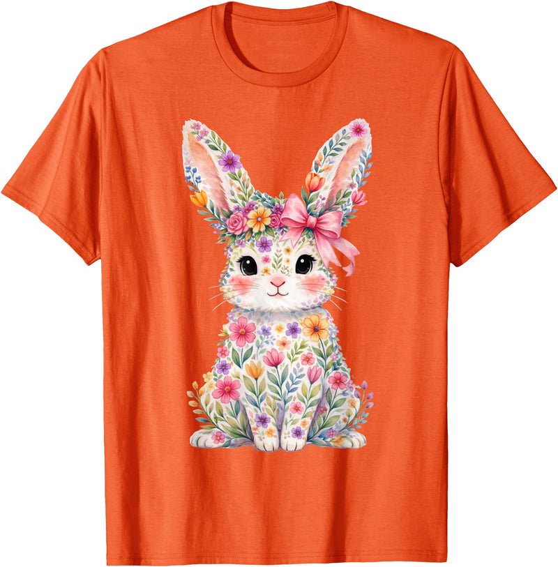 Cute Pink Flower Bunny Rabbit Happy Easter Women Girls T-Shirt in Orange