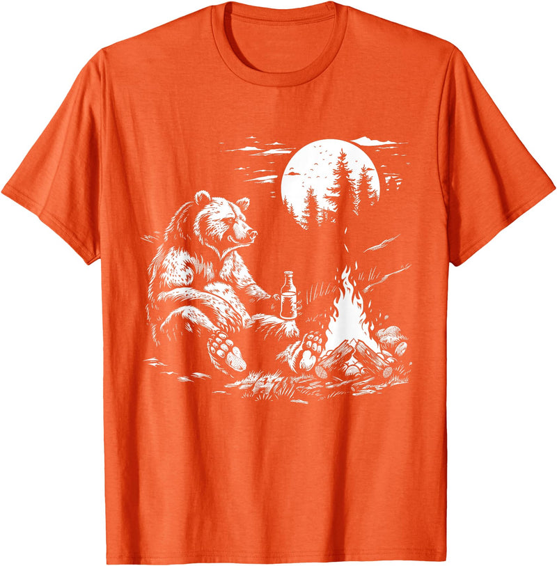 Camping Grizzly Bear Camping Bear Drinking Beer Hiking Nature Funny Grizzly Bear T-Shirt - Orange