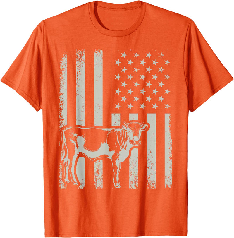 American Bull Riding Cowboy 4th of July USA Flag Proud Patriotic Cattle Bull Cow Farmer Lover American Flag T-Shirt - Orange