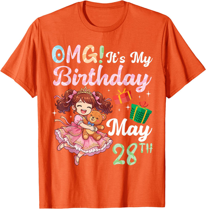 H1Shop Happy Birthday Born On May 28 OMG It's My Birthday Born On May 28th Girl with Present Bear T-Shirt - Orange