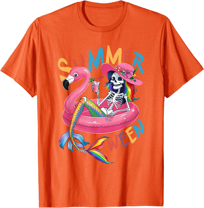 Summer Halloween Summerween Summerween Mermaid Skeleton Flamingo Summer Halloween Women T-Shirt - Orange