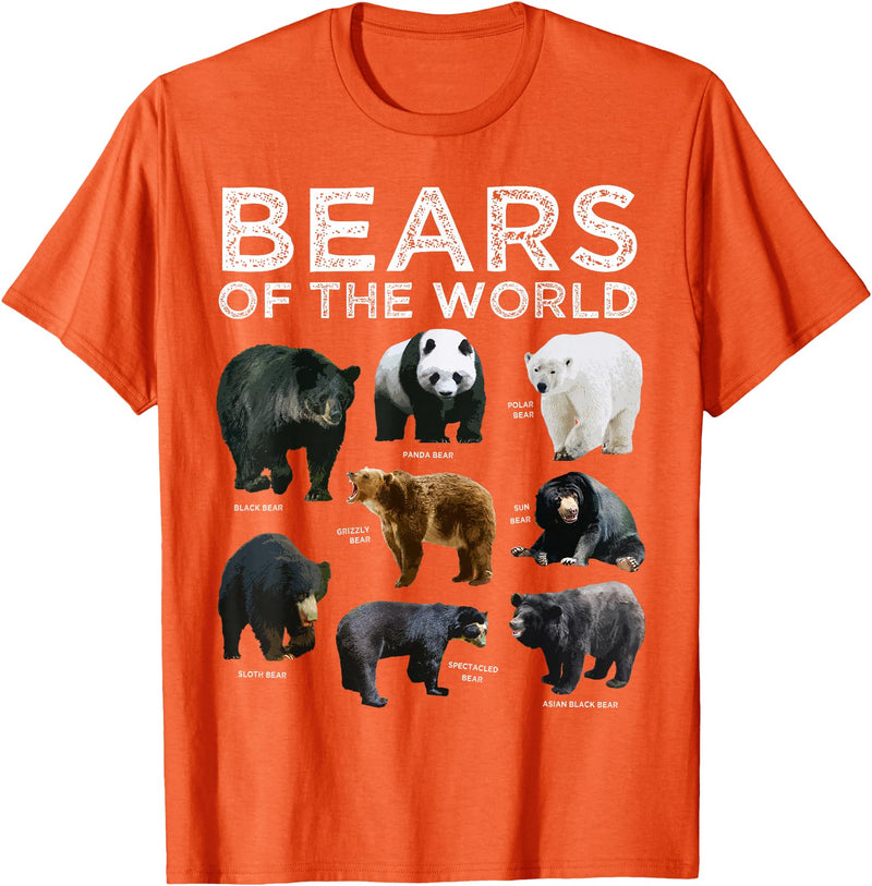 Bears of the World Creationz Eight Bears of the World Panda Polar Grizzly Black Cute T-Shirt - Orange