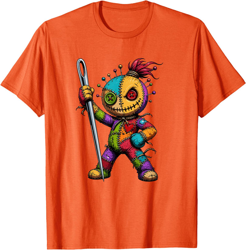Colorful Voodoo Doll Patchwork Horror Halloween Creepy Rainbow Voodoo Doll with Needle Halloween T-Shirt - Orange