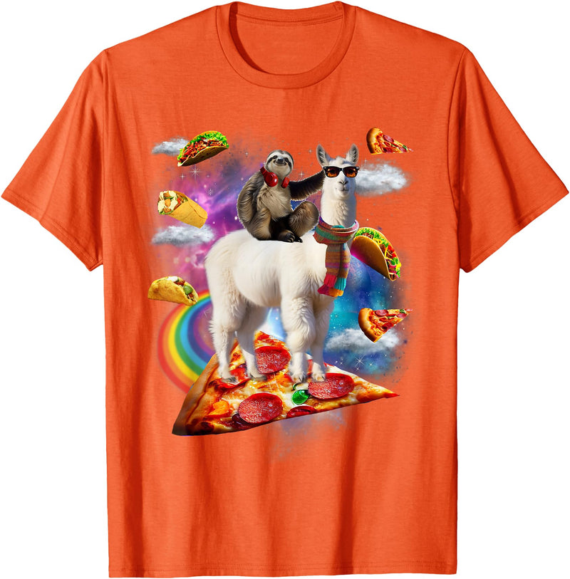Funny Rainbow Sloth Llama in space Co. Sloth Llama Galaxy Pizza Taco Burrito Rainbow Funny Surreal T-Shirt - Orange