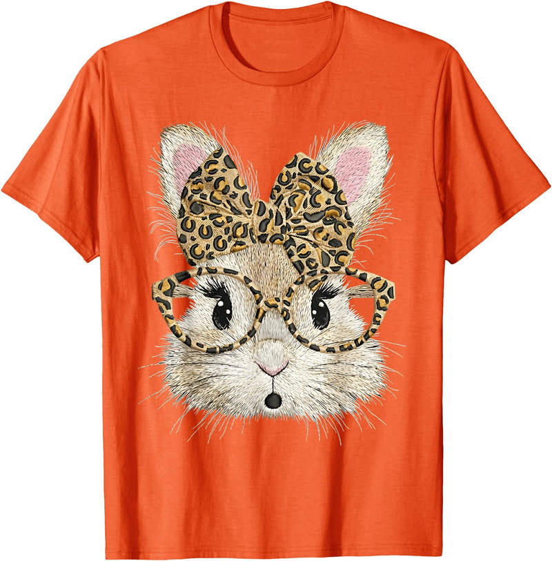 Funny Bunny Face Glasses Bandana Leopard Rabbit Happy Easter T-Shirt in Orange