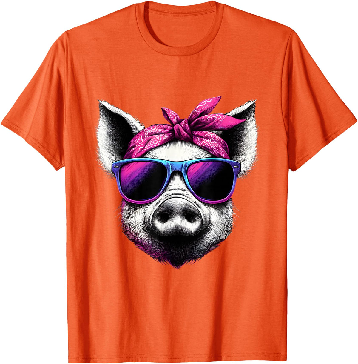 Fashionable Animals Wearing Pink Bandanas Pig Wearing Pink Bandana Headband and Sunglasses T-Shirt - Orange