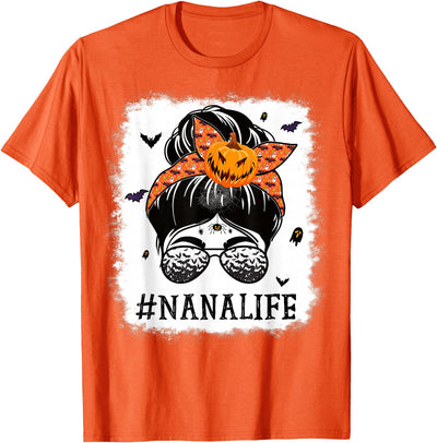 TeeaxArt Halloween Grandma Apparel Nana Messy Bun Spooky Pumpkin Grandma Halloween Costume T-Shirt