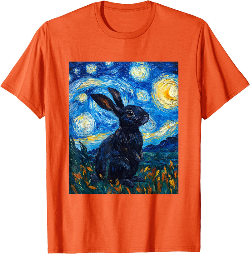 Bunny Rabbit Van Gogh Style Starry Night Cute Graphic T-Shirt in Orange