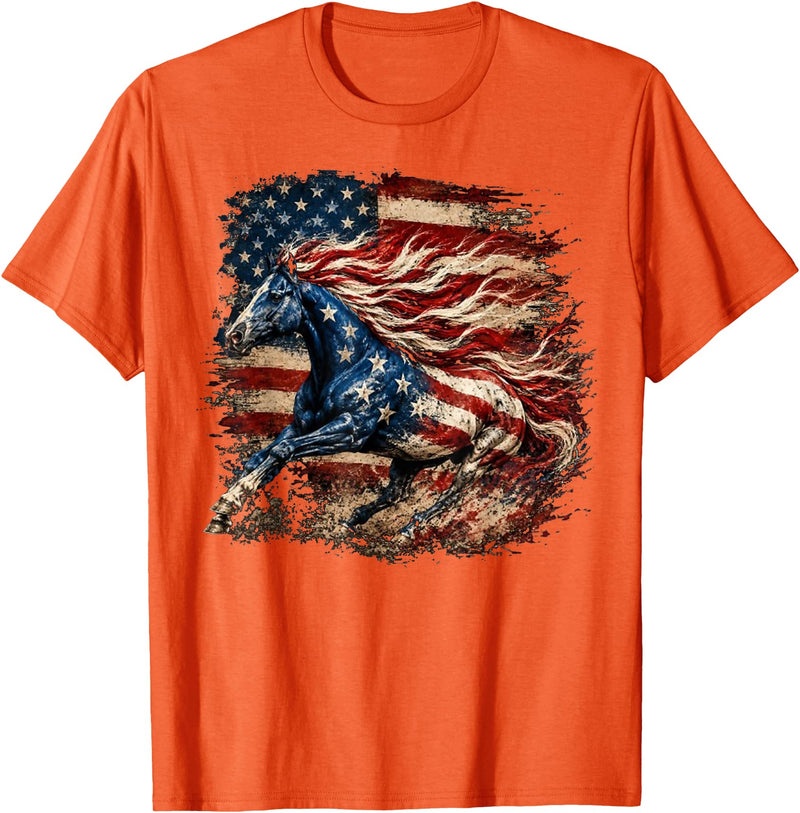 Independence Day Horse Lovers Cowgirls Horse Patriotic Equestrian 4th of July USA American Flag T-Shirt - Orange