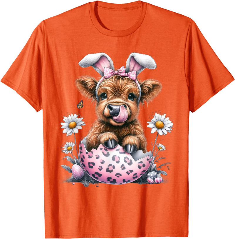 Funny Cow Easter Rabbit Cute Highland Cows Lover Easter Day T-Shirt - Orange