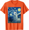 Llama Designs. Llama Alpaka Van Gogh Style Starry Night Funny Graphic T-Shirt - Orange