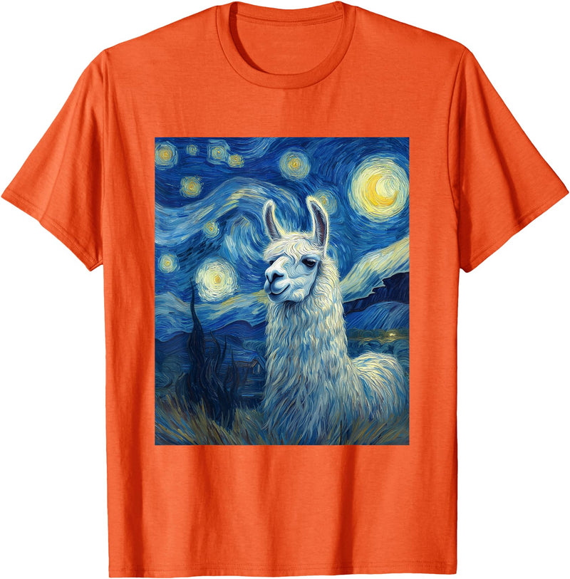 Llama Designs. Llama Alpaka Van Gogh Style Starry Night Funny Graphic T-Shirt - Orange