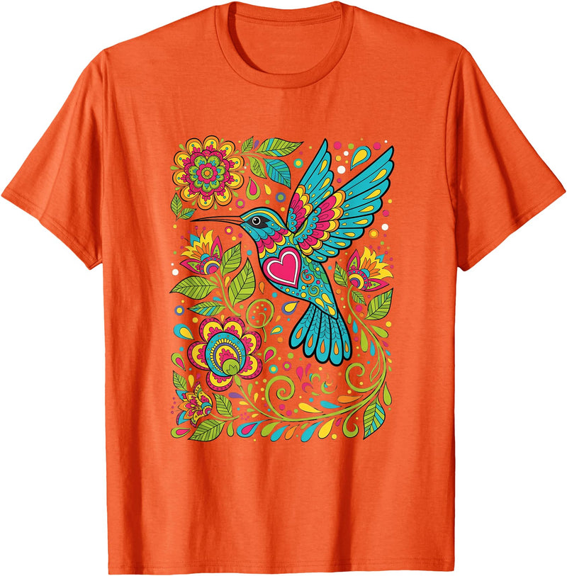 FolkFlight Design Co Bird Hummingbird Floral Folk-Art Colorful T-Shirt - Orange