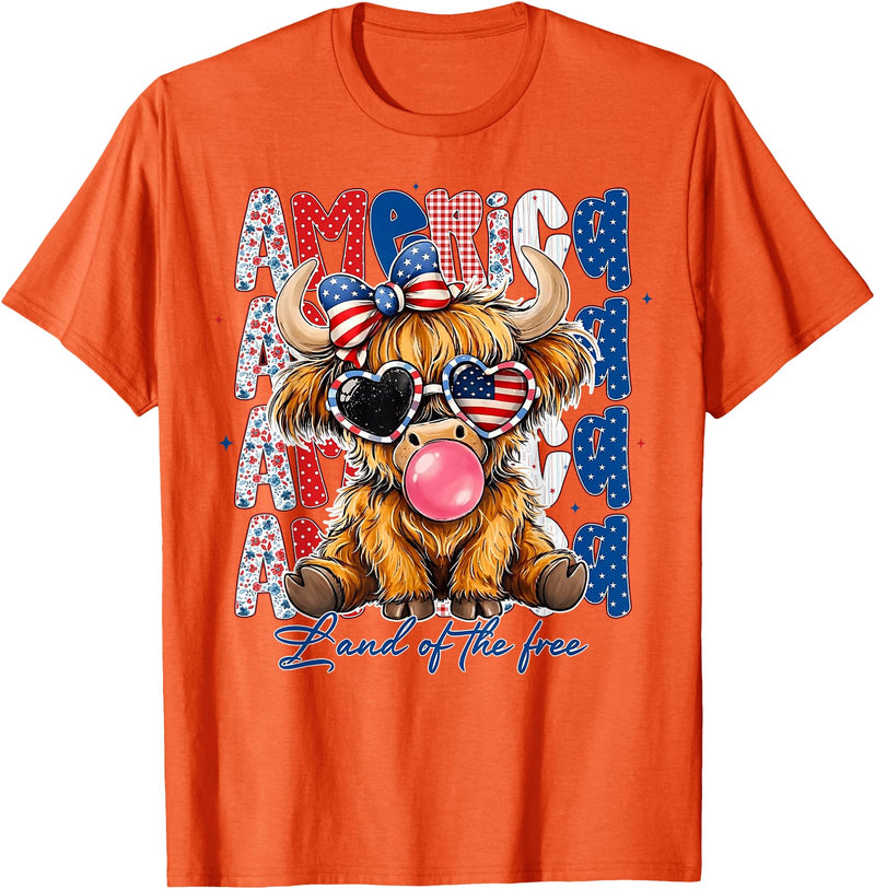 Cute Cow Creations Highland Cow 4th of July, Patriotic Cowgirl Bow Design T-Shirt - Orange