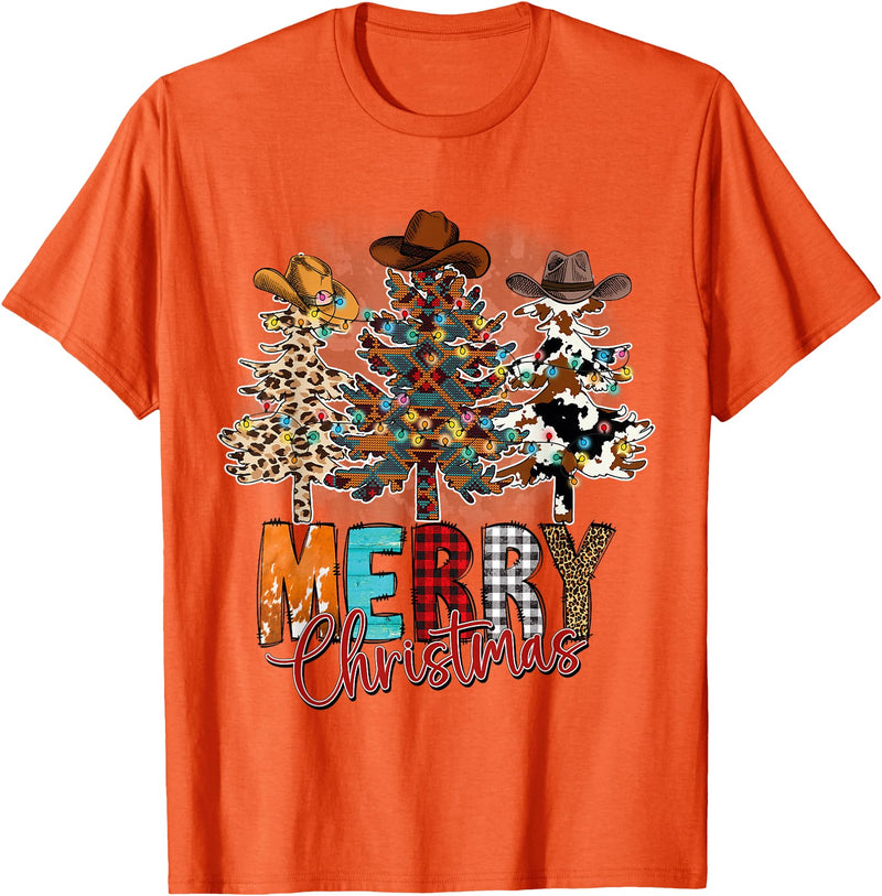 Cowboy Merry Christmas Tree Western Xmas Gifts Merry Christmas Trees Western Cowboy Buffalo Plaid Leopard T-Shirt - Orange