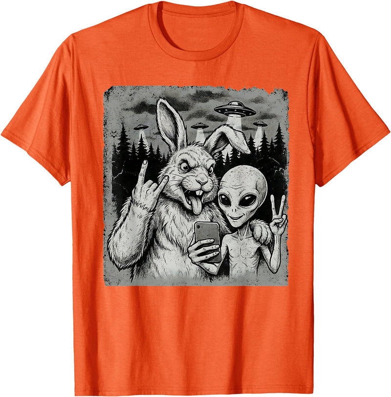 Funny Rabbit and Alien Rock on Hand Sign UFO Selfie T-Shirt in Orange