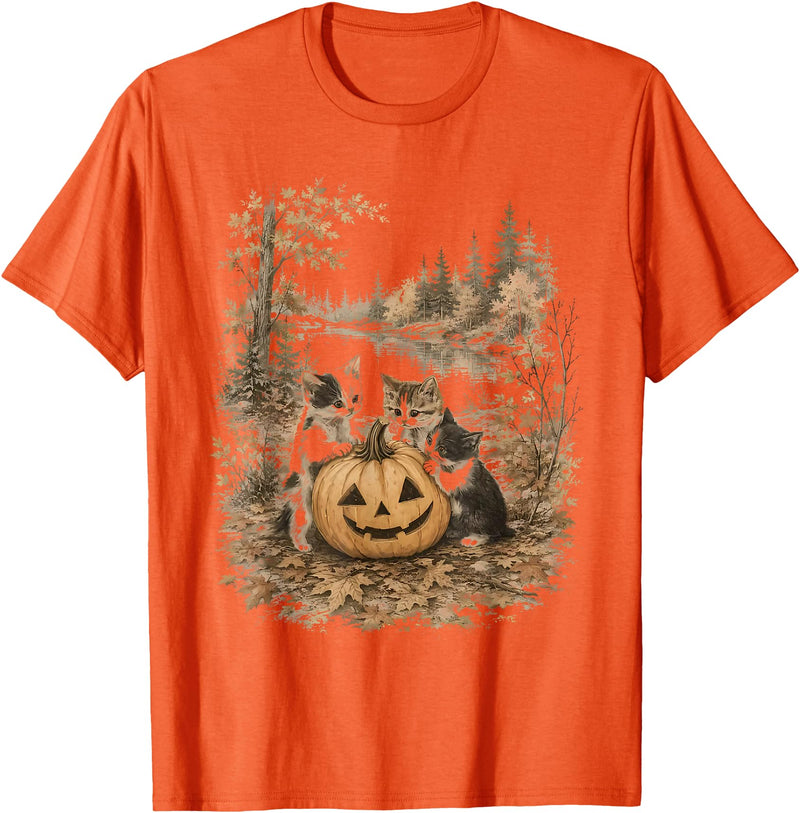 Vintage 90s Cats And Pumpkin Halloween Women Men Funny Retro 90s Kitten Black Cats and Pumpkin Halloween T-Shirt - Orange
