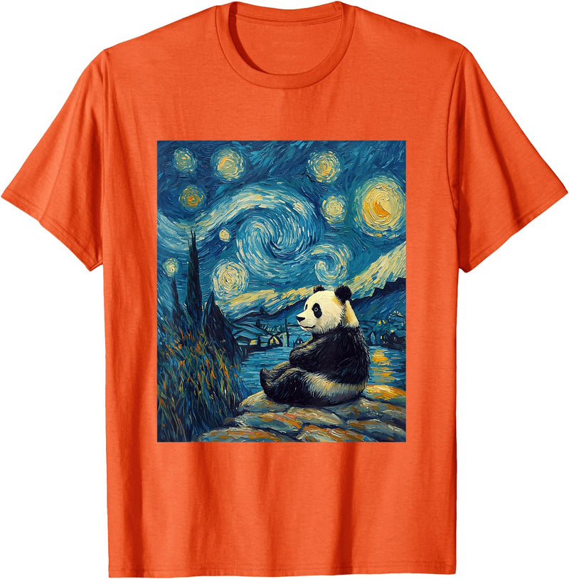 Bear Designs. Cute Panda Bear Van Gogh Style Starry Night Graphic T-Shirt - Orange