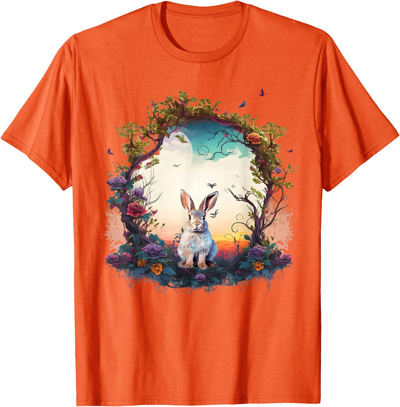 Mountain Woodland Animals Cute Rabbit Nature Floral T-Shirt in Orange