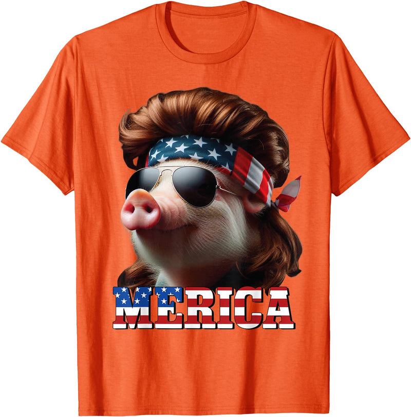 Funny Mullet Farm Pig Patriotic Pig Merica Mullet 4th of July And Father's Day Man Funny T-Shirt - Orange