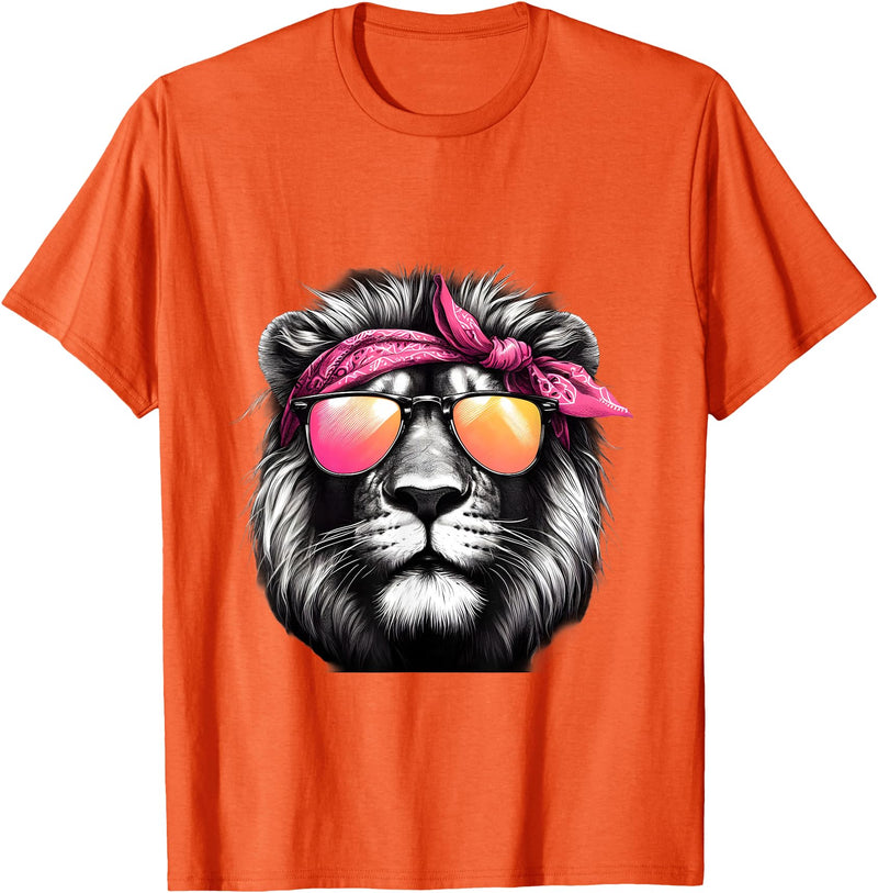 Fashionable Animals Wearing Pink Bandanas Lion Wearing a Pink Bandana Headband and Sunglasses T-Shirt - Orange